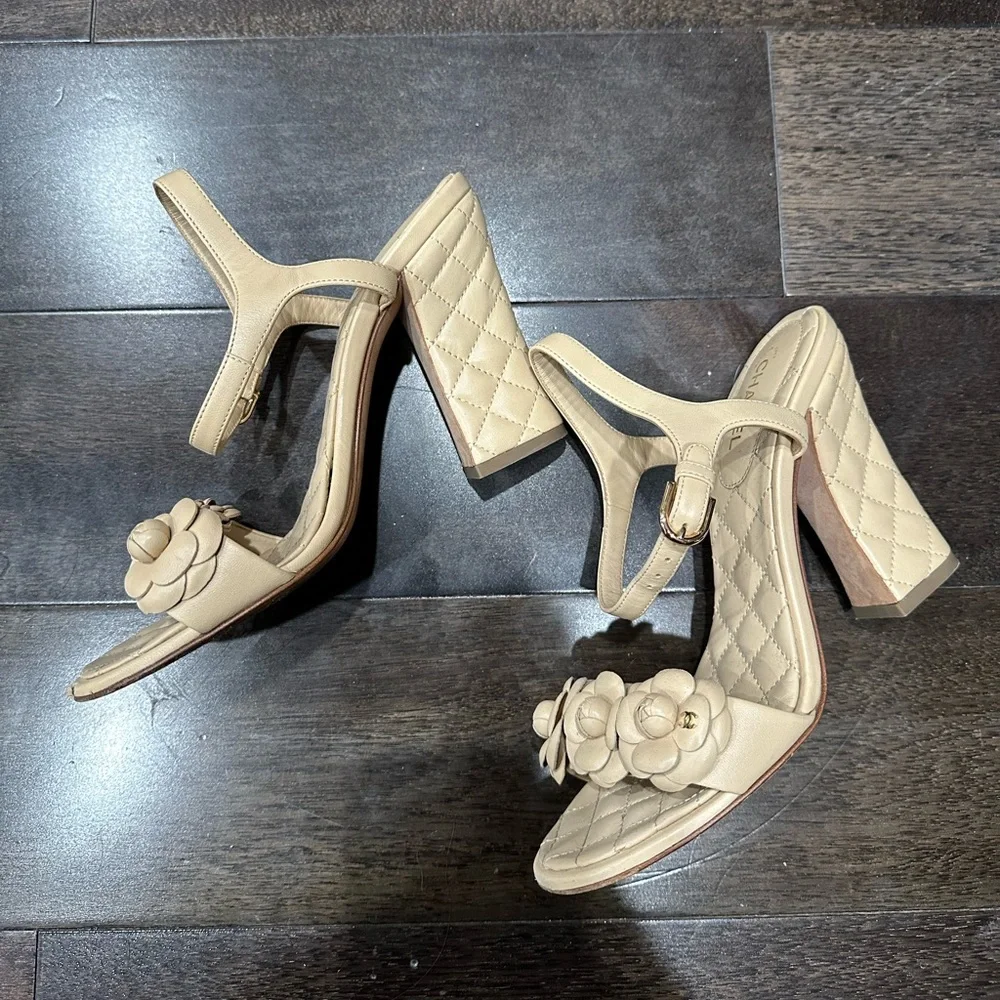 CHANEL Camellia Quilted Leather Block Heel Sandals Beige EU 38.5